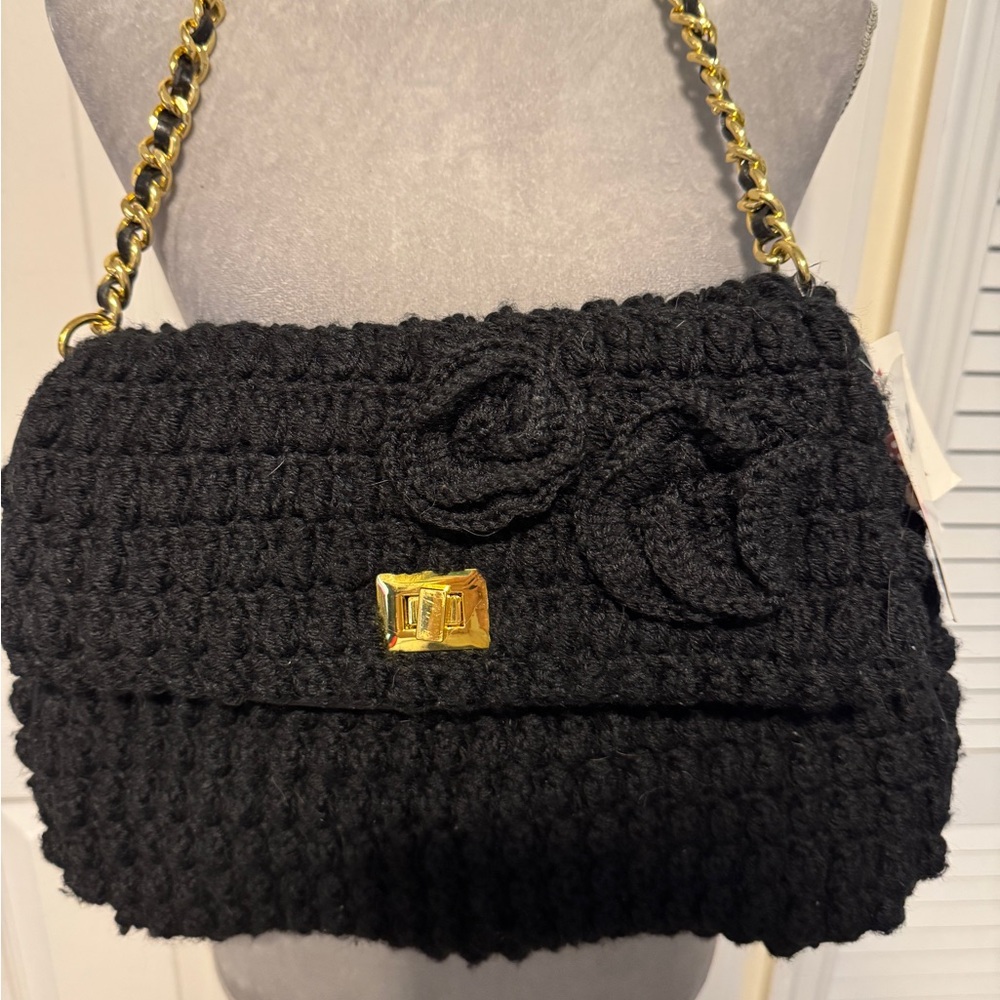 Murval Black Knit Floral Bag with Chain Strap